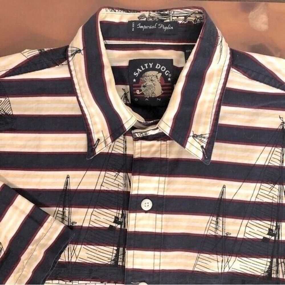 Salty Dog Gant Men's Medium Navy‎ Yellow Striped Nautical Sailing Short Sleeve